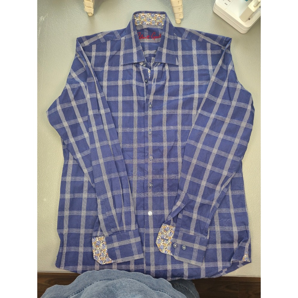 Robert Graham Boys Blue Plaid Button Down Shirt Floral Trim Size L 14-16